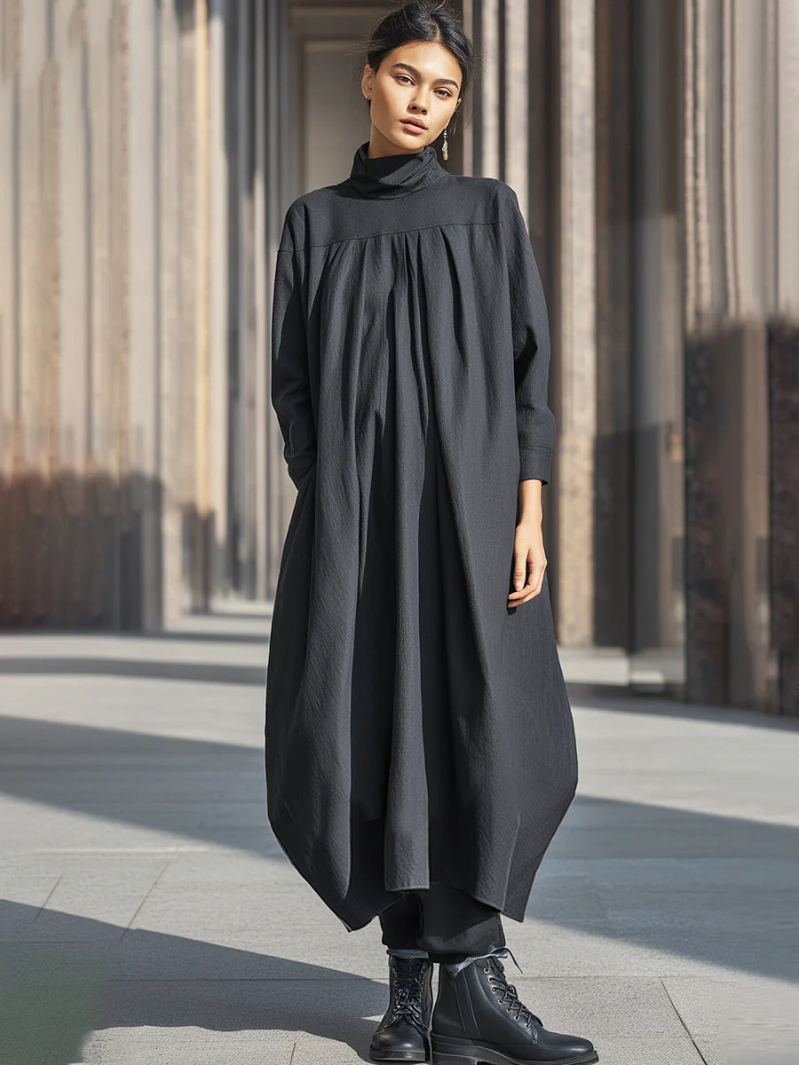 Charcoal Black High-Neck Cotton Linen Pleated Long Dress