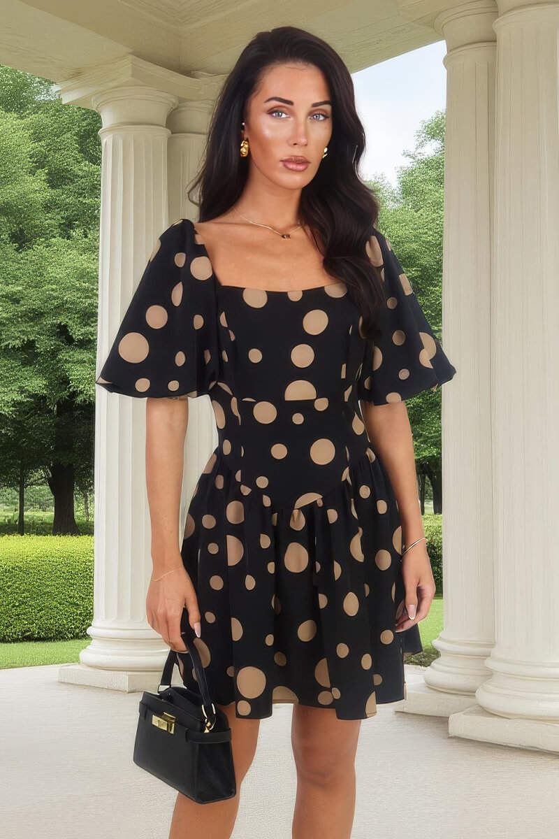 Black And Stone Polka Dot Puff Sleeve Mini Dress