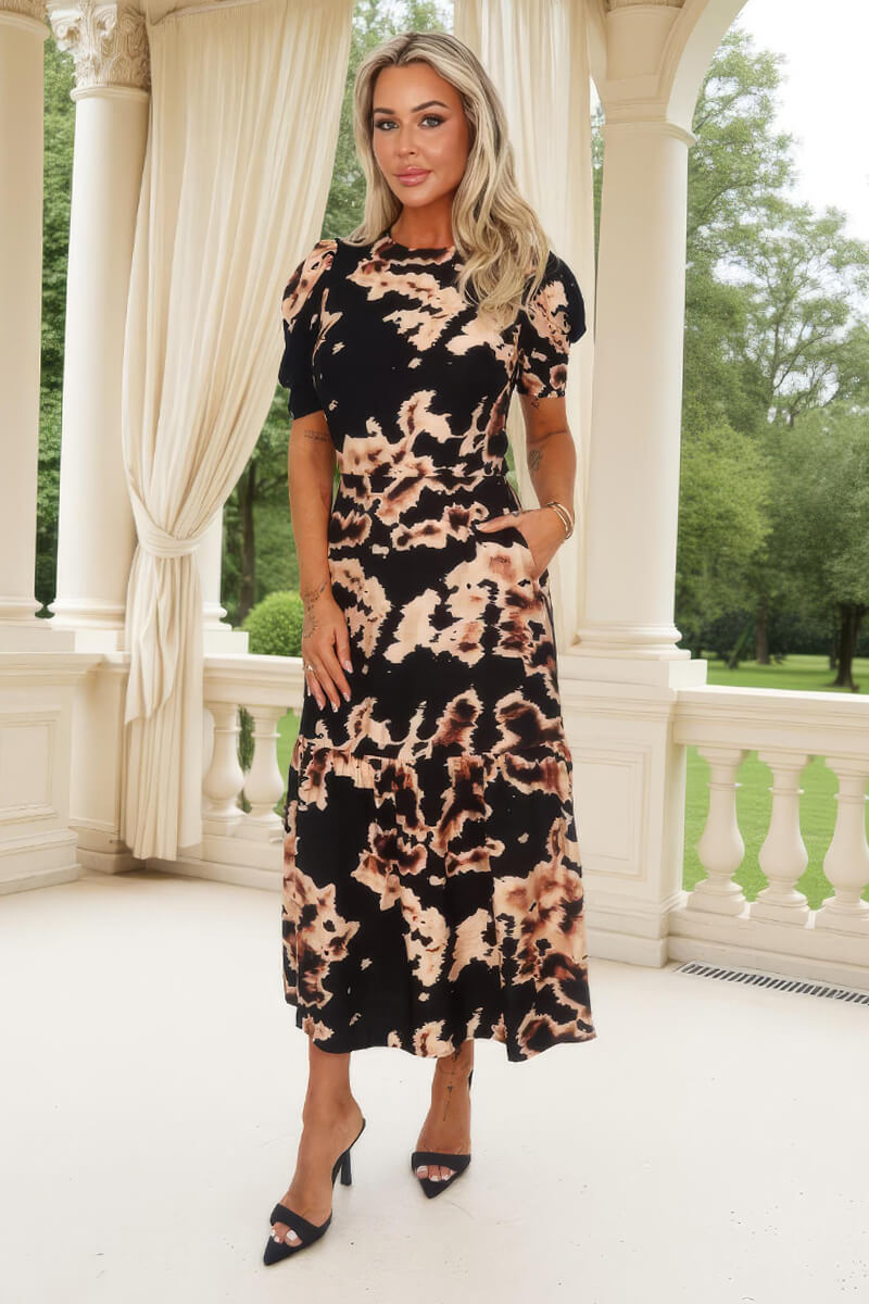 Black Abstract Print Puff Sleeve Smock Midi Dress