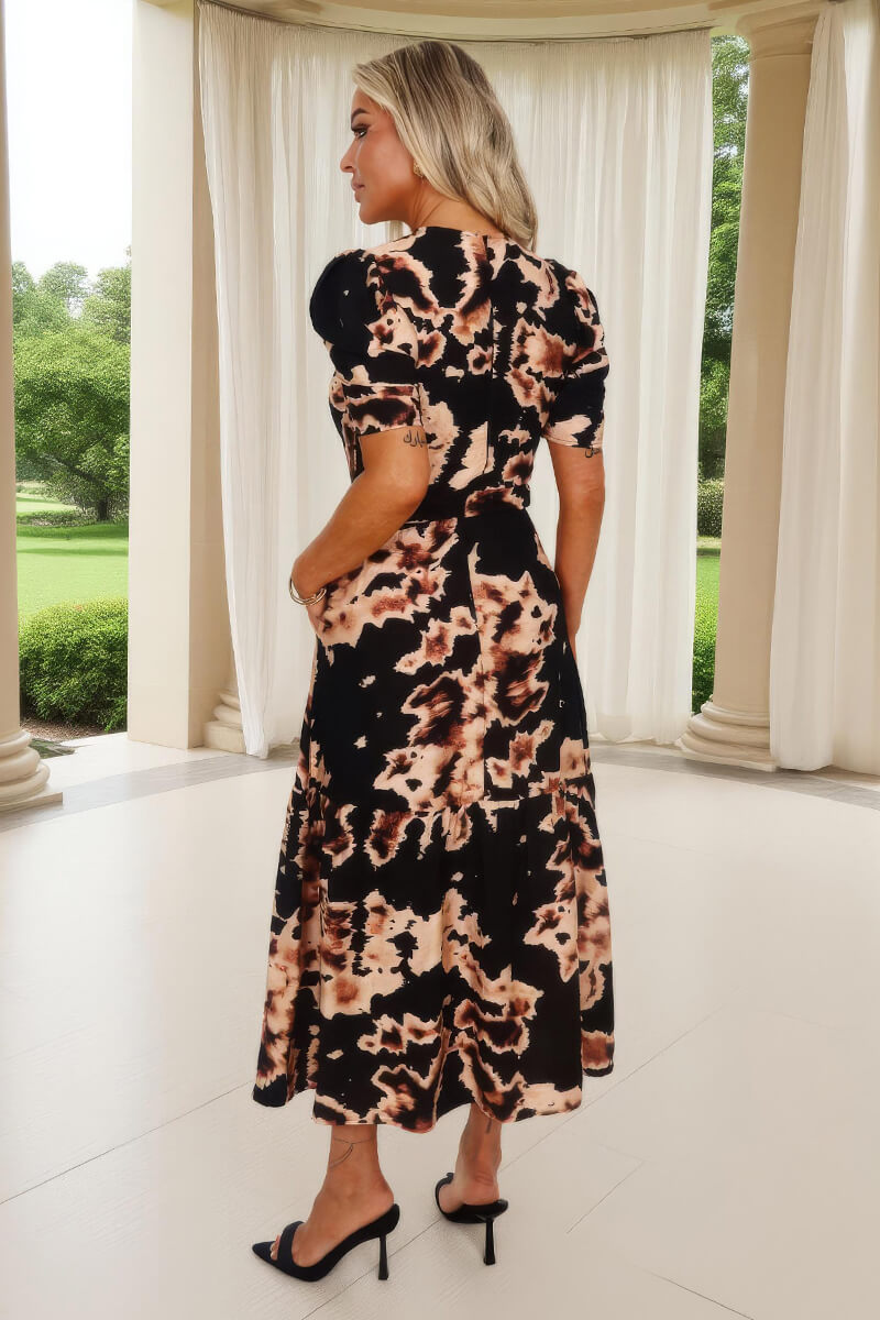 Black Abstract Print Puff Sleeve Smock Midi Dress