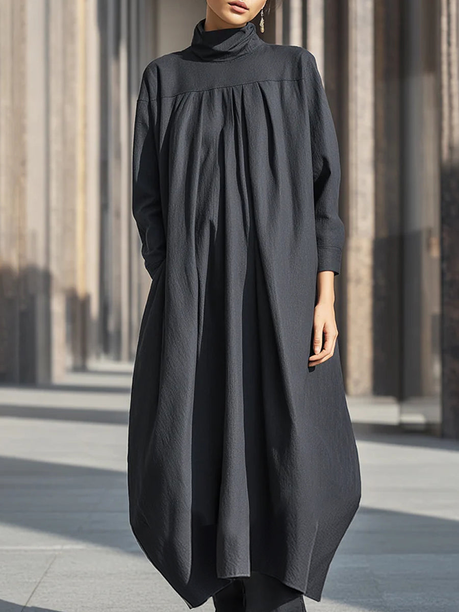Charcoal Black High-Neck Cotton Linen Pleated Long Dress