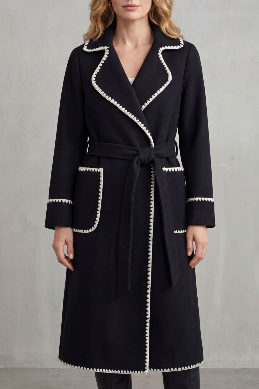 Serafelle – Contrast trim – Longline belted coat