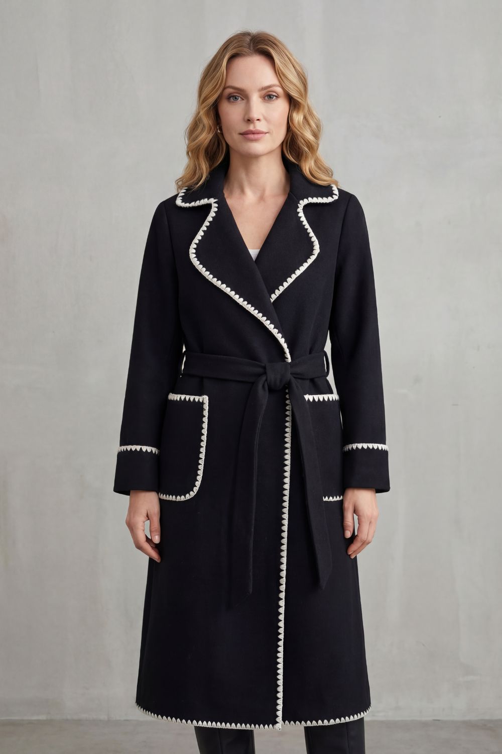 Serafelle – Contrast trim – Longline belted coat