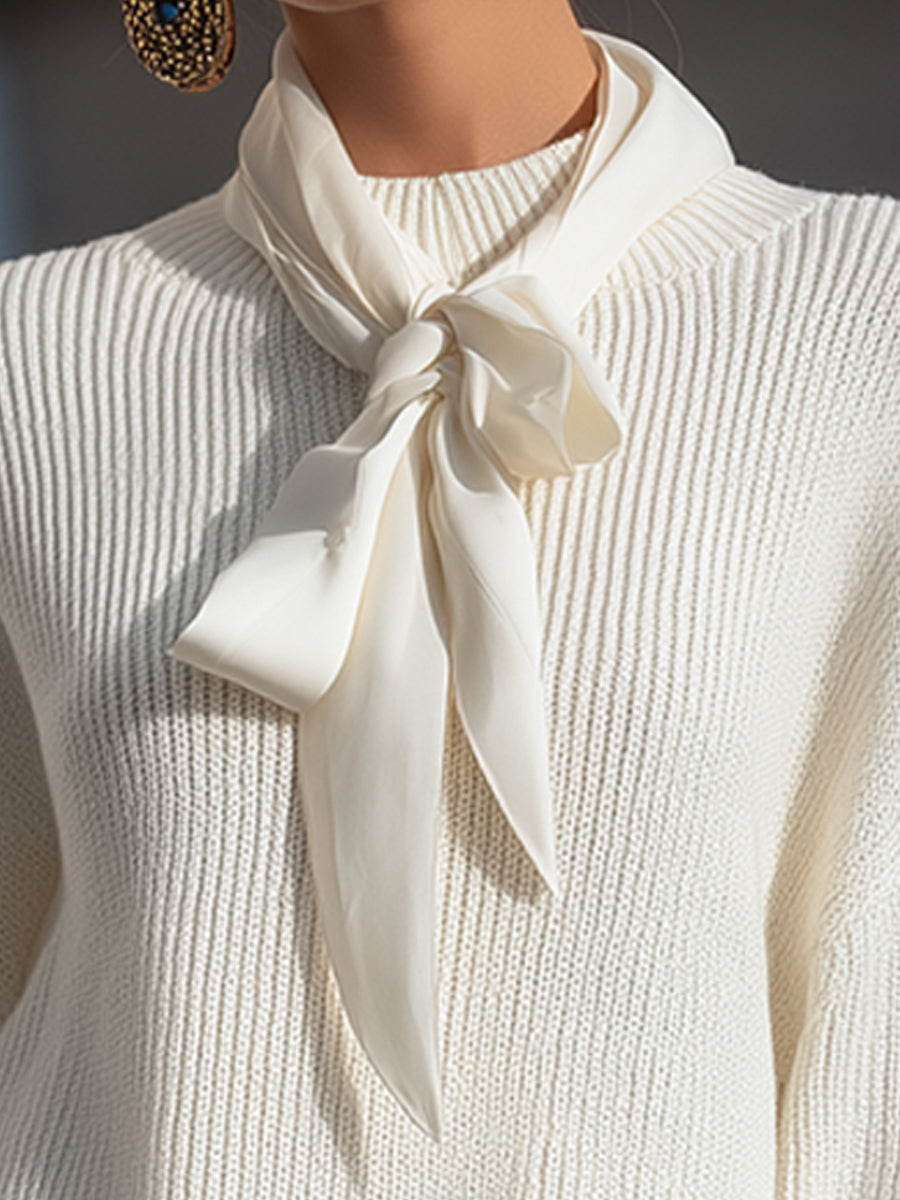 Ivory Ribbed Knit Sweater Dress With Scarf-Tie Neck
