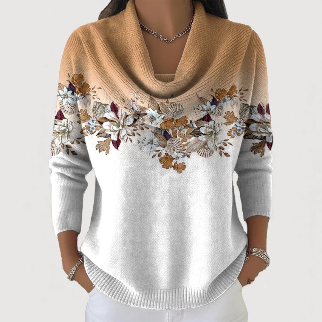 Alora | Floral Knit Sweater with Soft Draped Neckline
