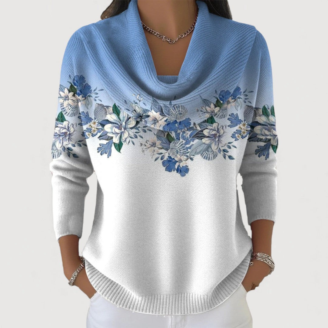 Alora | Floral Knit Sweater with Soft Draped Neckline