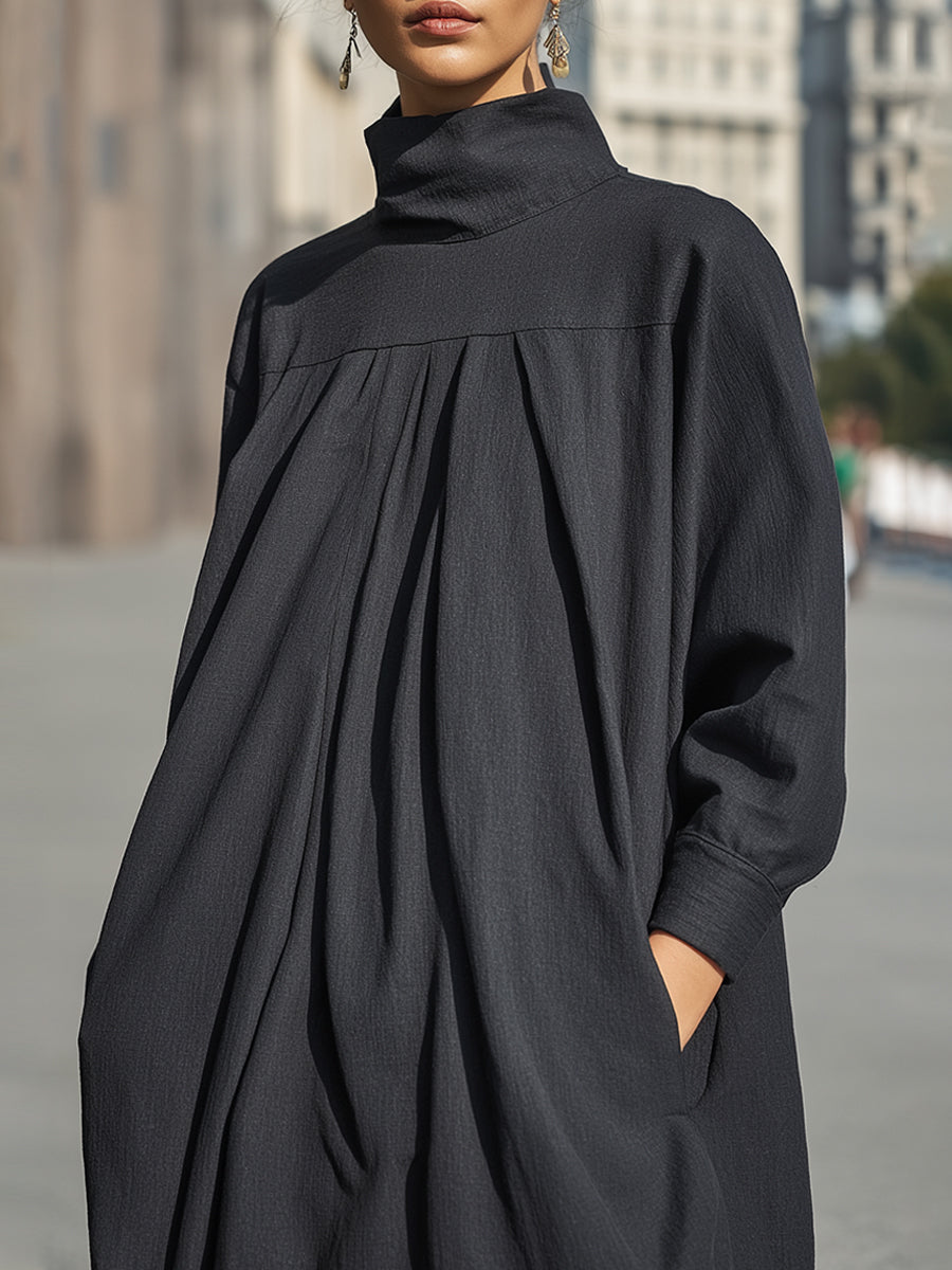 Charcoal Black High-Neck Cotton Linen Pleated Long Dress