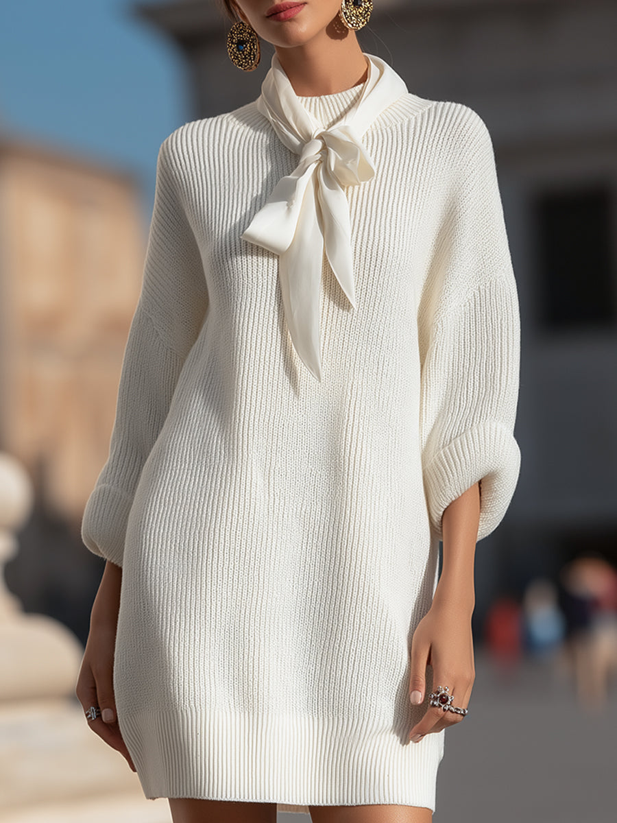 Ivory Ribbed Knit Sweater Dress With Scarf-Tie Neck