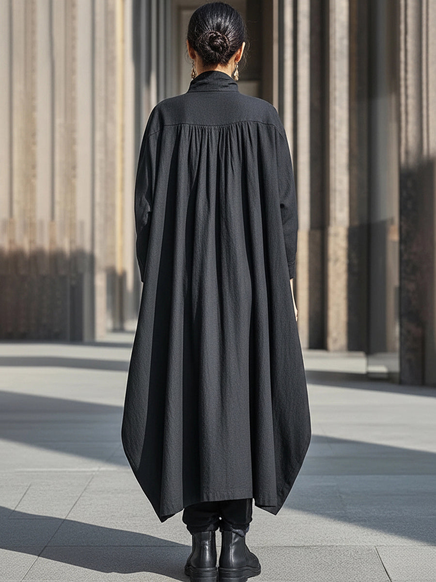 Charcoal Black High-Neck Cotton Linen Pleated Long Dress