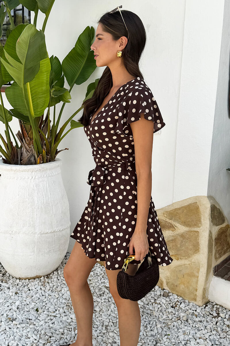Chocolate Polka Dot Print Wrap Top Skater Mini Dress