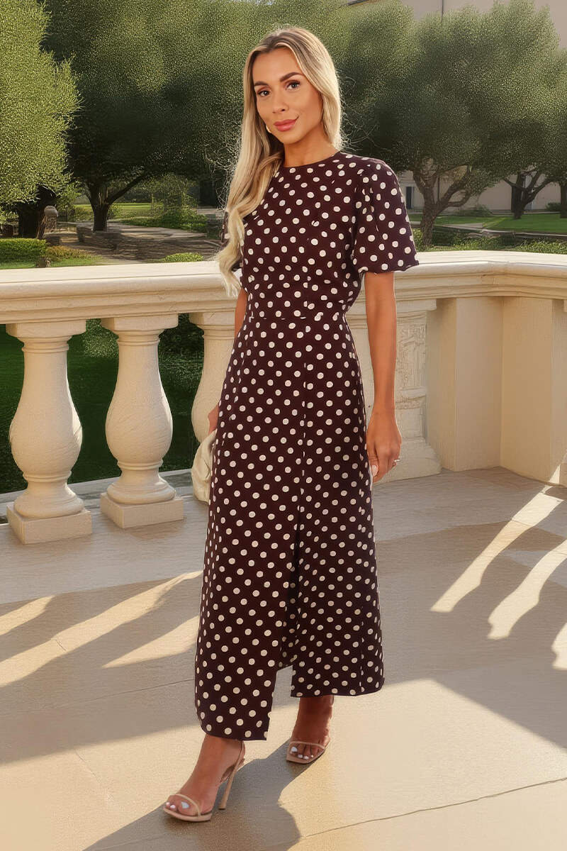 Chocolate Polka Dot Print Puff Sleeve Midi Dress