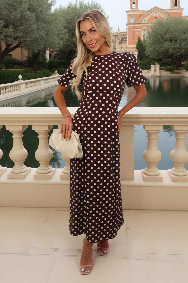 Chocolate Polka Dot Print Puff Sleeve Midi Dress