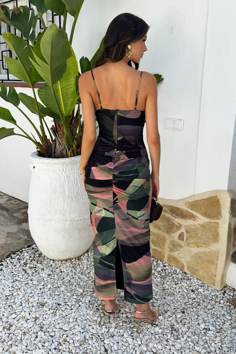 Multi Leaf Print Strappy Knot Detail Mesh Midi Dress