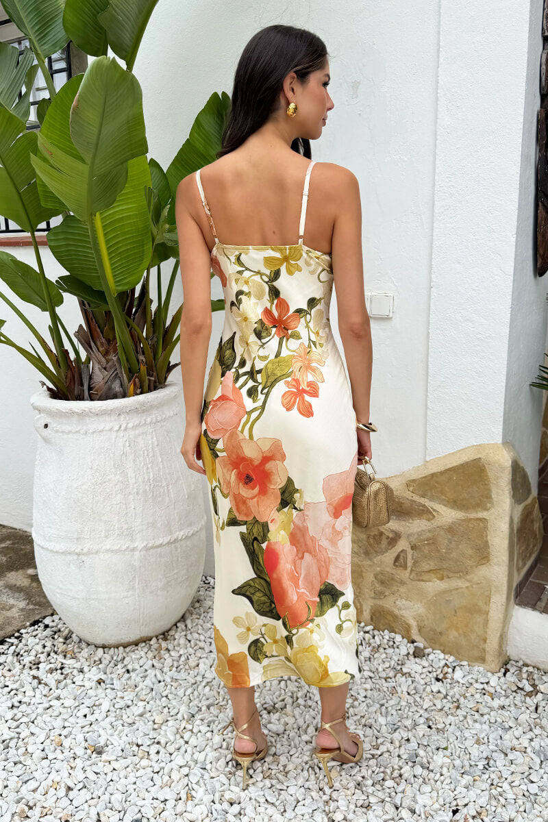 Cream Floral Print Strappy Cowl Neck Slip Midi Dress
