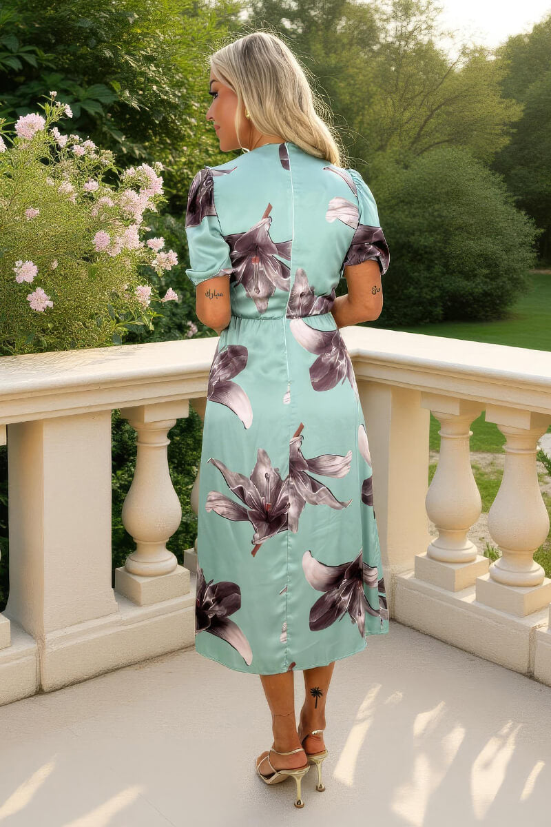 Duck Egg Floral Print Wrap Top Ruched Detail Midi Dress