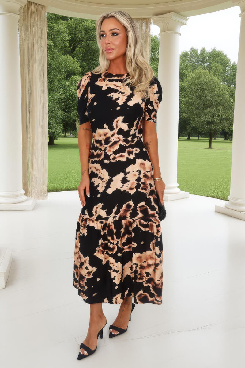 Black Abstract Print Puff Sleeve Smock Midi Dress