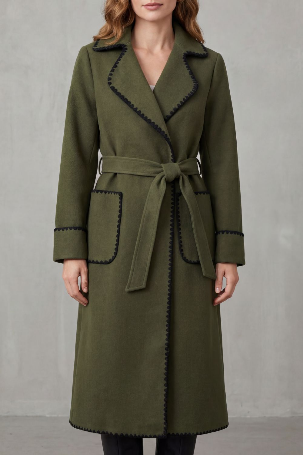 Serafelle – Contrast trim – Longline belted coat