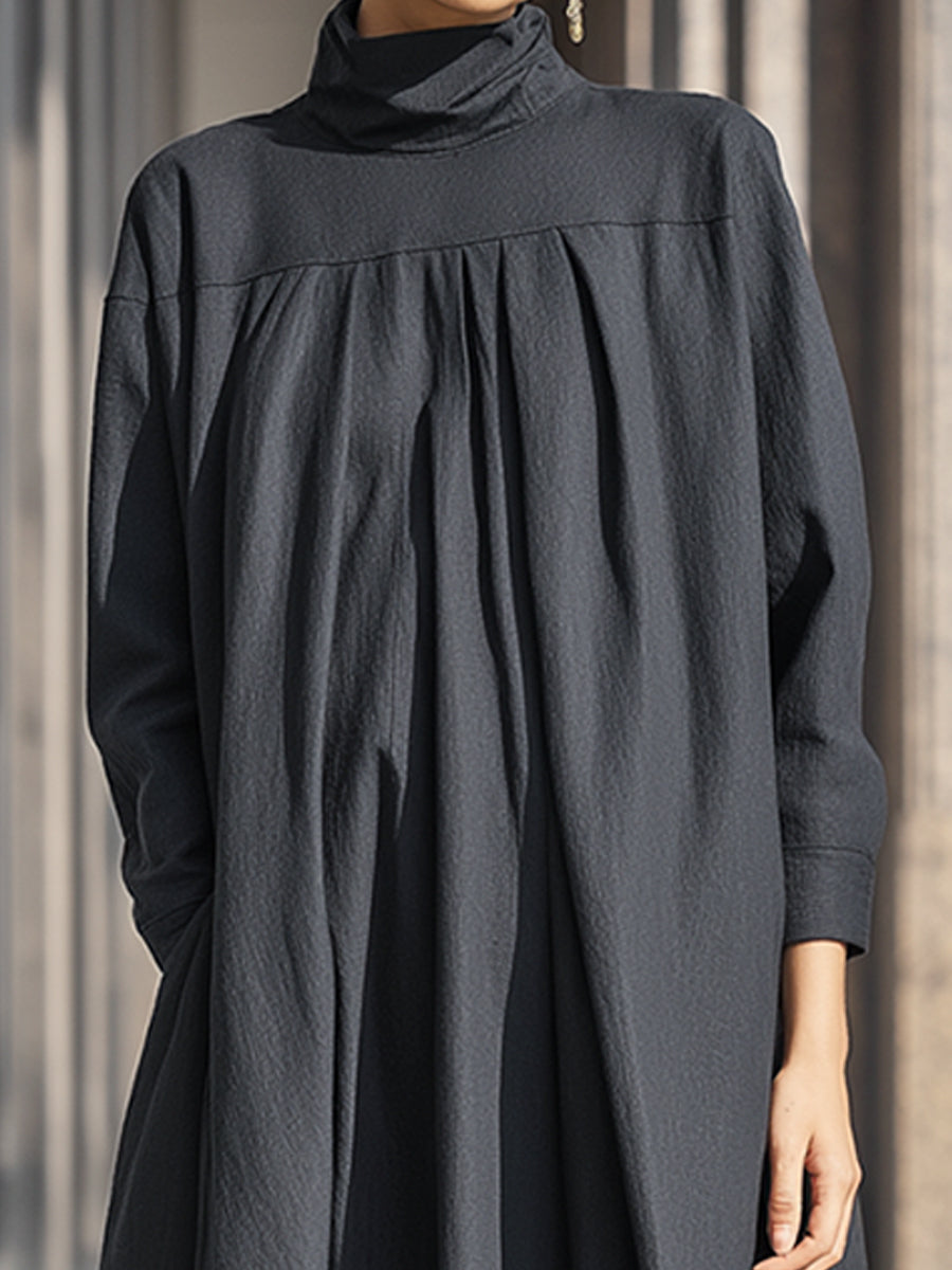 Charcoal Black High-Neck Cotton Linen Pleated Long Dress