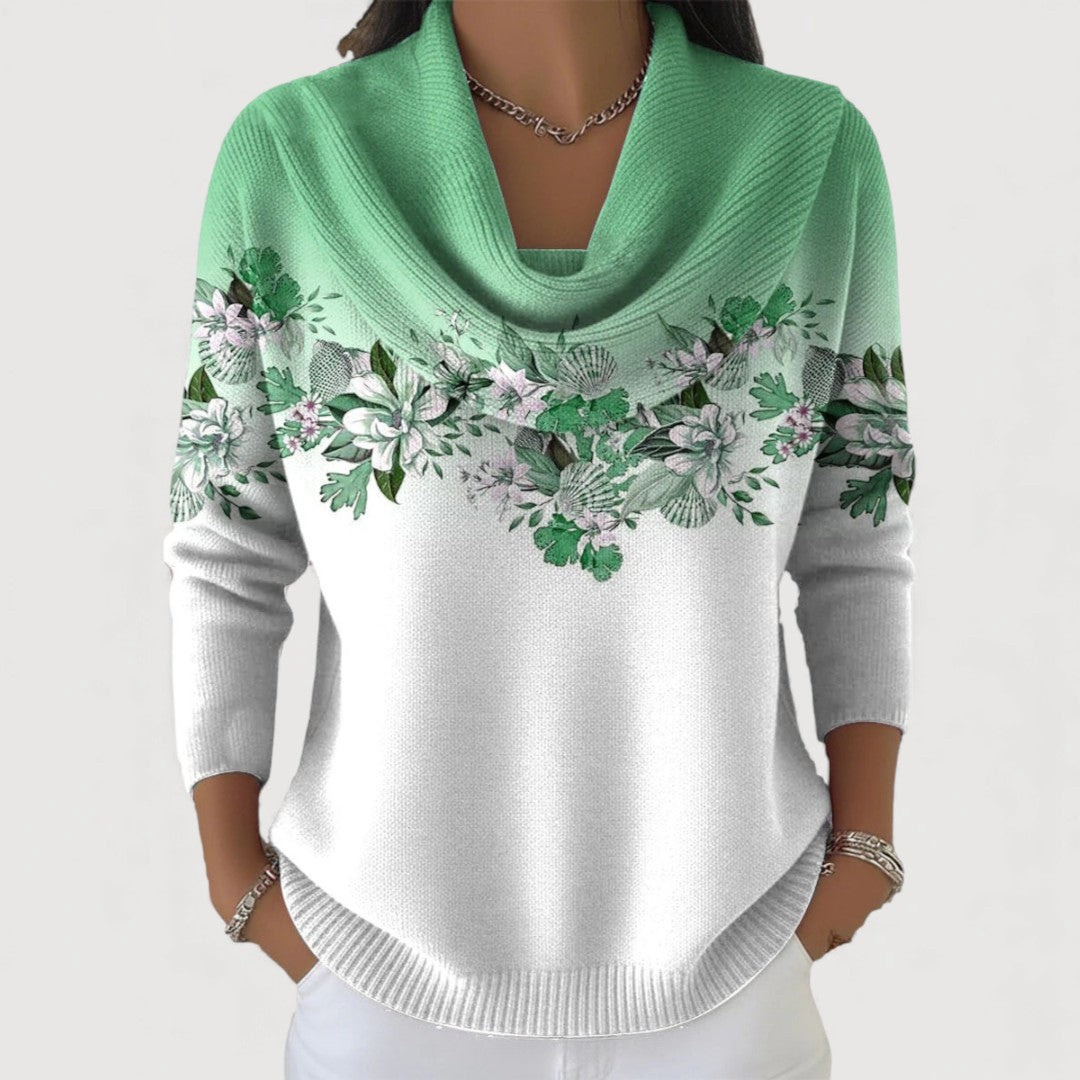Alora | Floral Knit Sweater with Soft Draped Neckline
