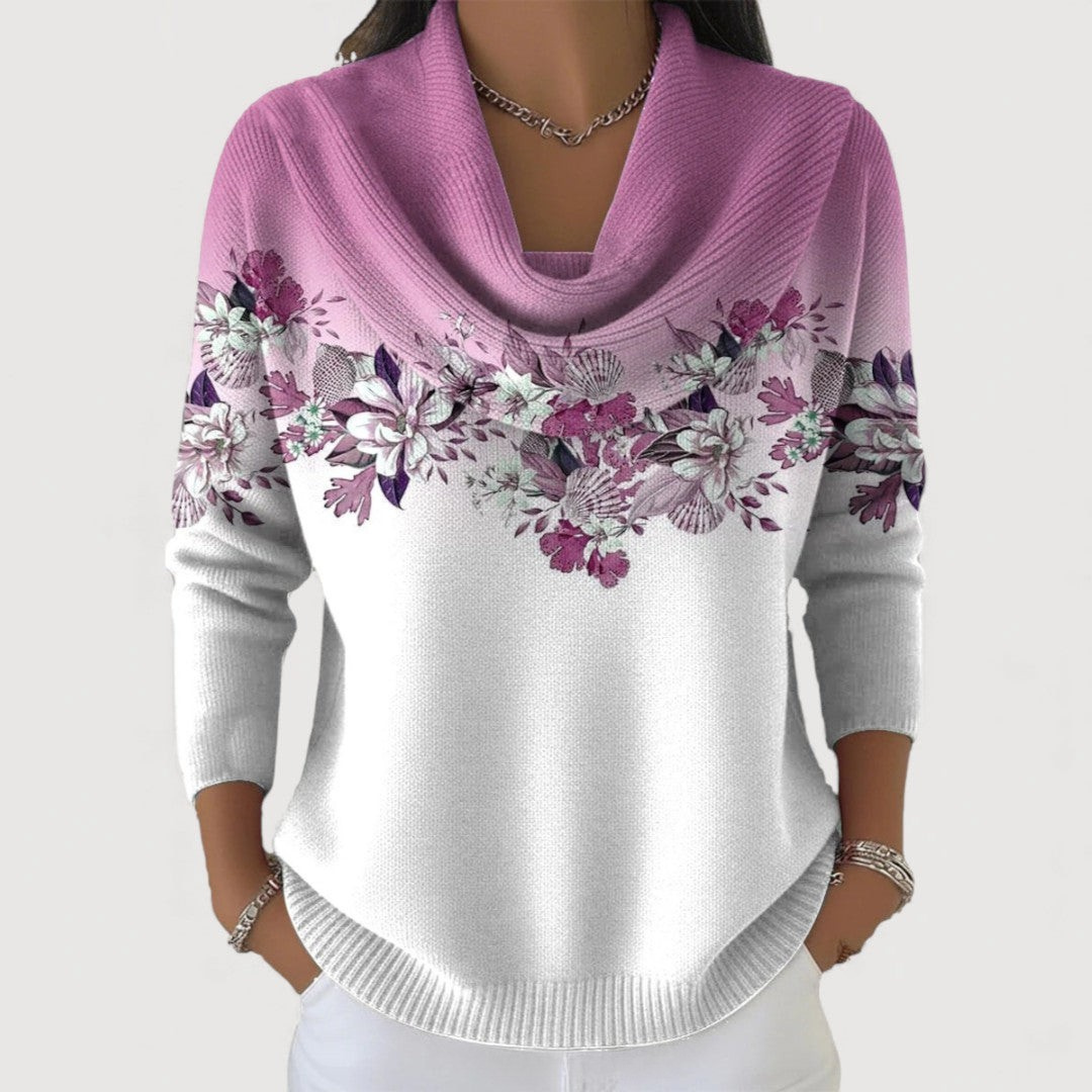 Alora | Floral Knit Sweater with Soft Draped Neckline