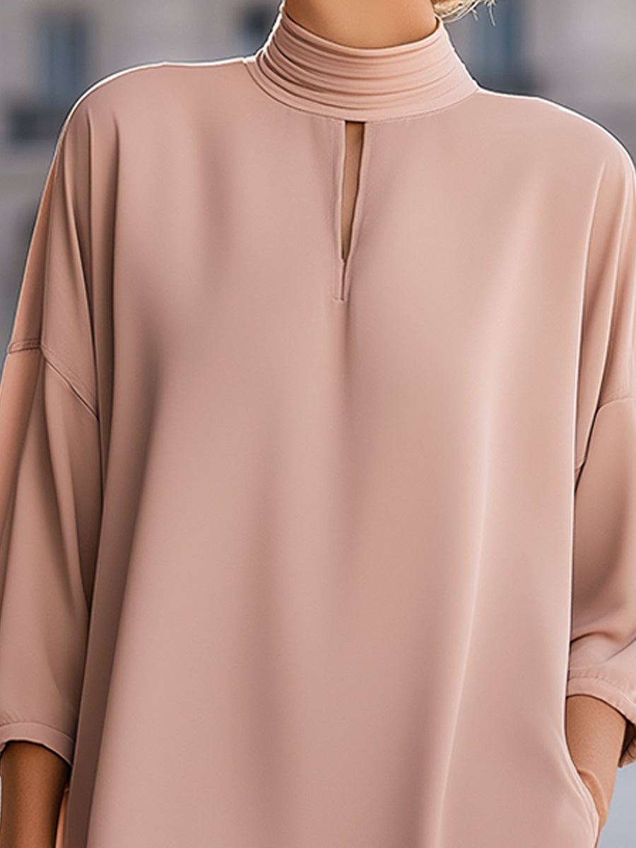 Soft Blush High-Neck Keyhole Midi Dress